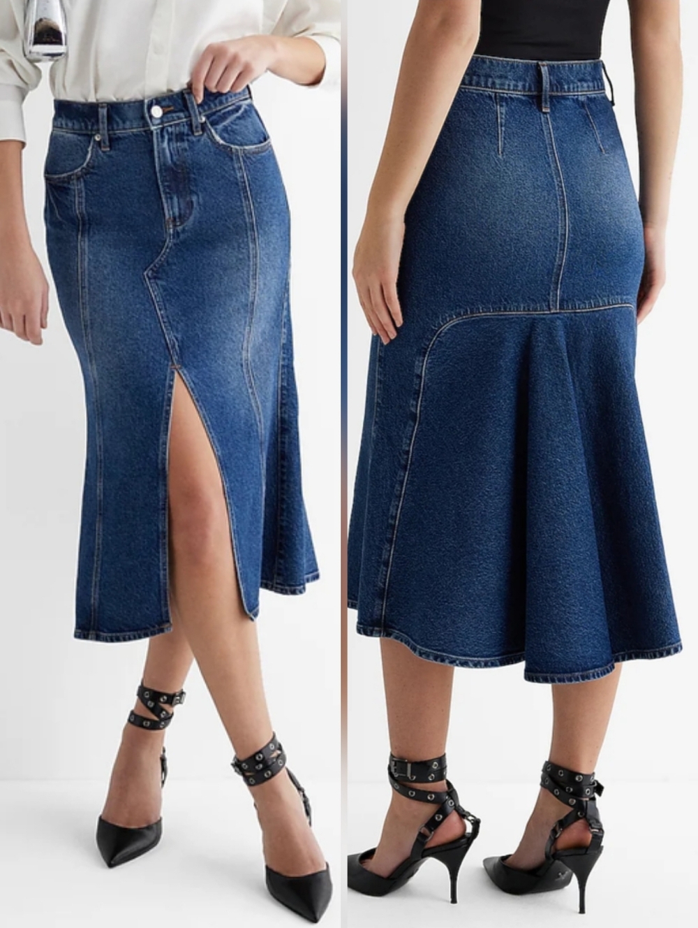 Express High Waisted Flare Hem Front Slit Denim Midi Skirt